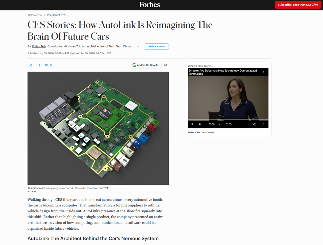 Forbes｜CES Stories: How AutoLink Is Reimagining The Brain Of Future Cars